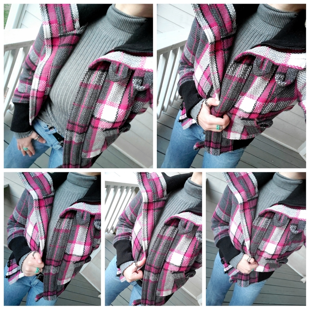 ambiance apparel Multicolored Plaid Knit Zip-up Winter Bomber Jacket Coat - Picture 2 of 16